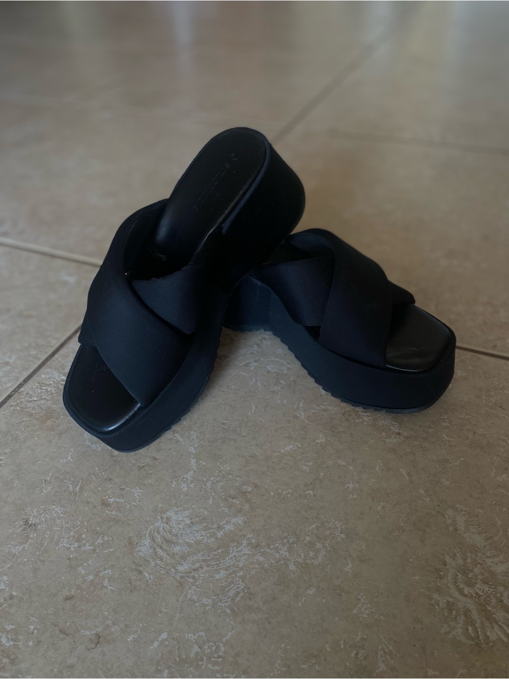 stradivarius Black Crisscross Platform Slide Sandals